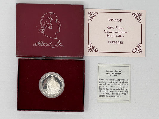 1982 $.50 Cent George Washington Commemorative 90% Silver Half Dollars in box with COA