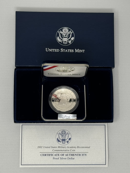 2002 US Military Academy Bicentennial Proof Silver Dollar Coin in Mint Box / COA