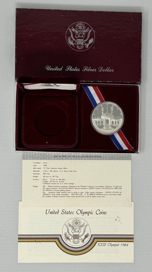 1984-S LA Olympics Proof Commemorative 90% Silver Dollar US Coin in Box with COA