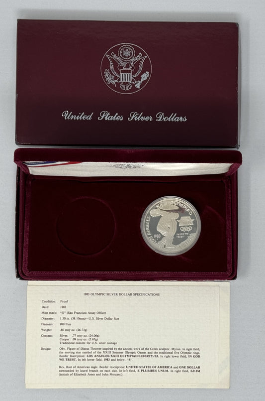 1983-S Los Angeles Olympic Proof Silver Dollar w US Mint OGP - Box & COA