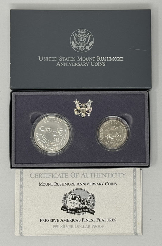 1991-S US Mint Mt. Rushmore Commemorative 90% Silver $1 & Clad 50c Proof Set
